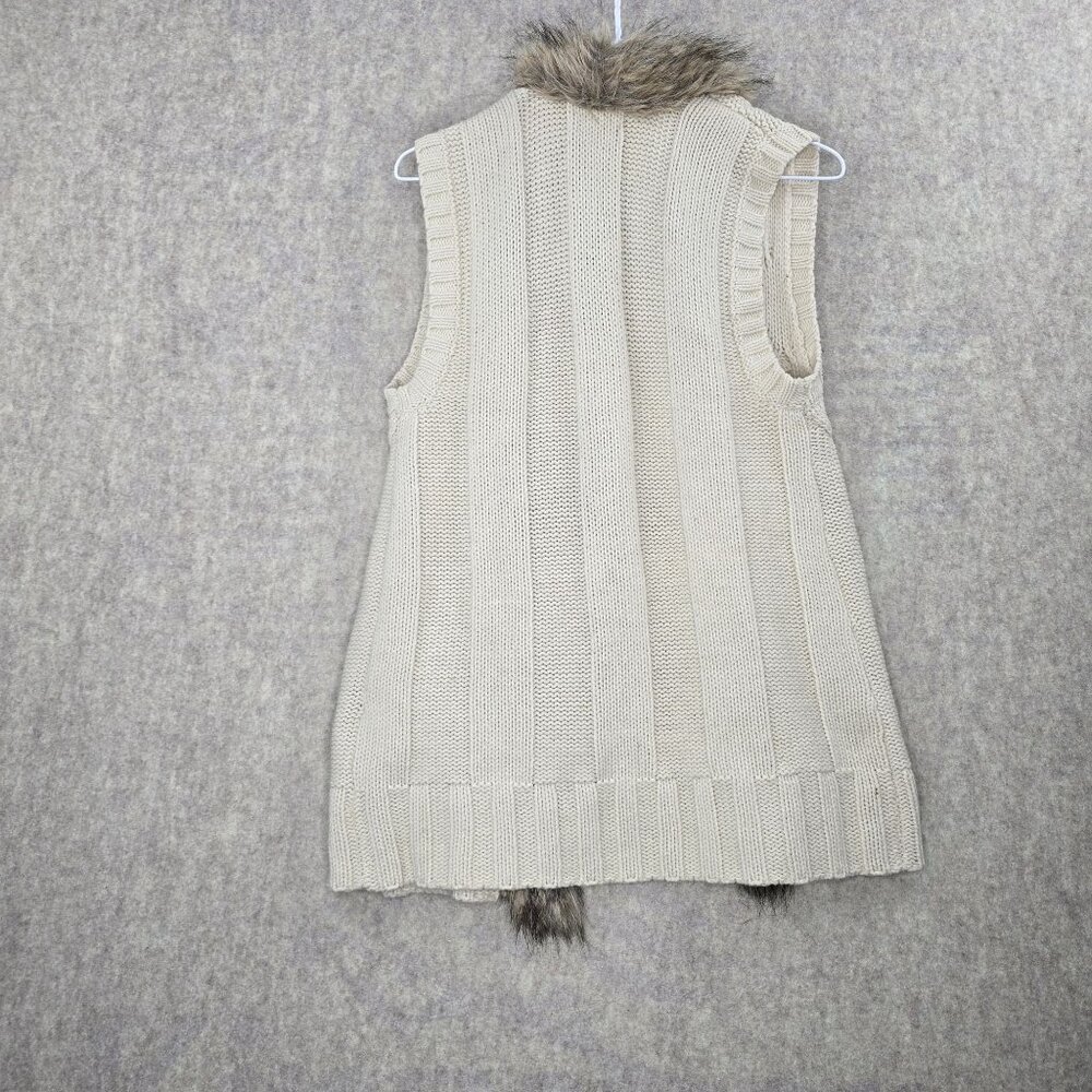 Style & Co Womens Faux Fur Trim Knit Sweater Vest Beige Small Acrylic Wool Blend - Picture 2 of 5